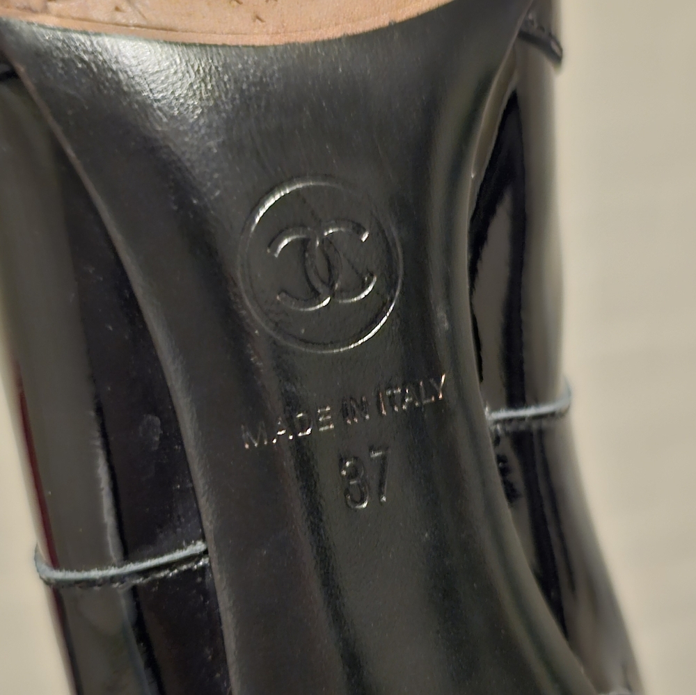 SALE Chanel Black Patent Leather Booties Loafer Style Heels with gold CC - Picture 14 of 16